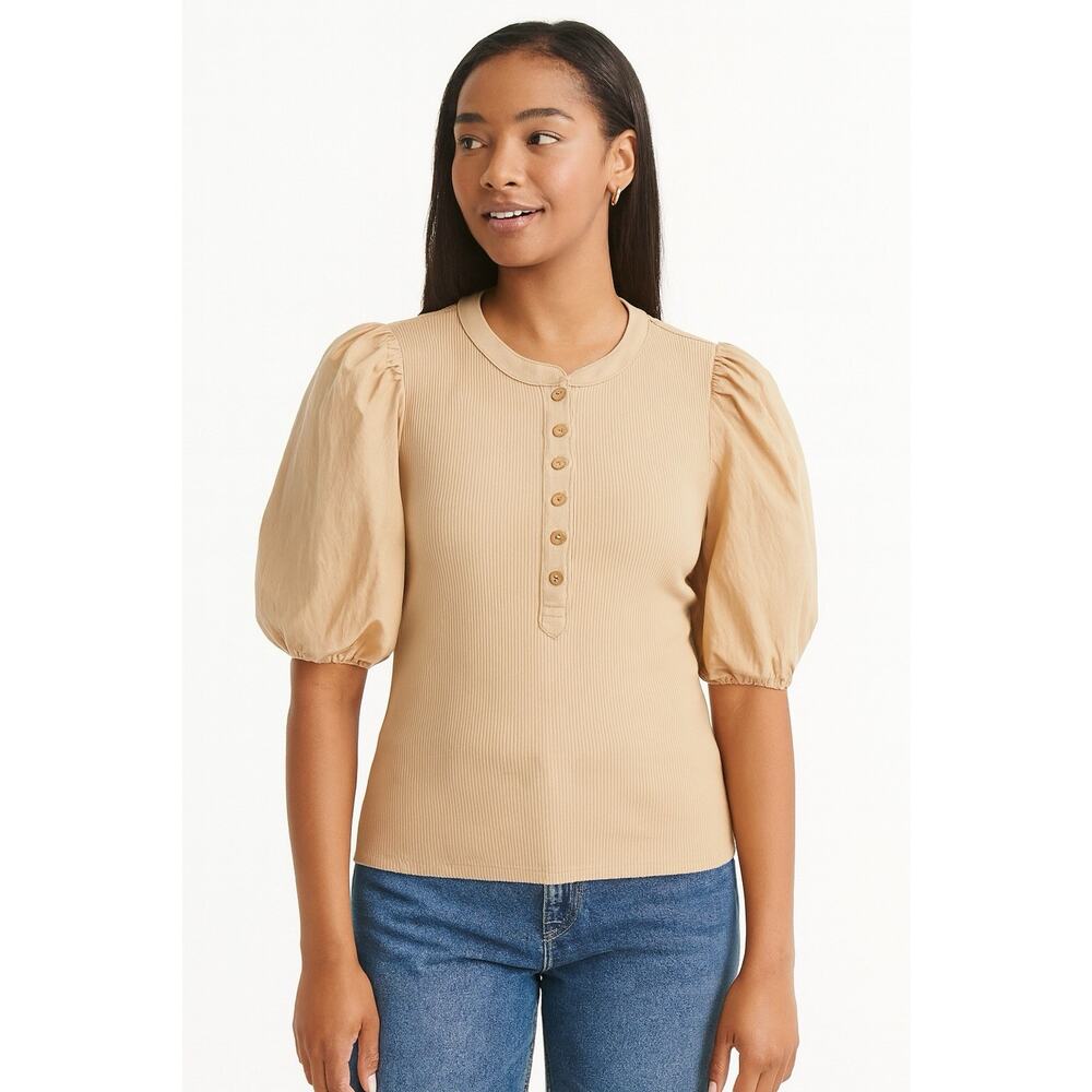 J Crew Vintage Rib Puff Sleeve Henley Top Beige Preppy Office Womens Medium